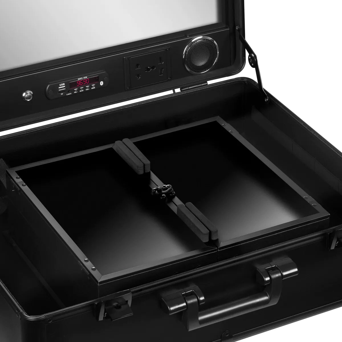 Portable case with black speakers