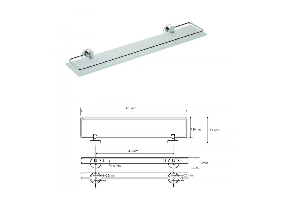 Glass shelf with hinged bar MODERN, 600 mm