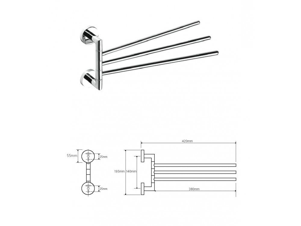 MODERNÍ trojitý otočný věšák na ručníky, 450 mm