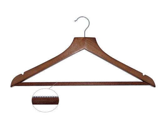 BASIC wooden hanger with non-slip bar and hook, dark wood