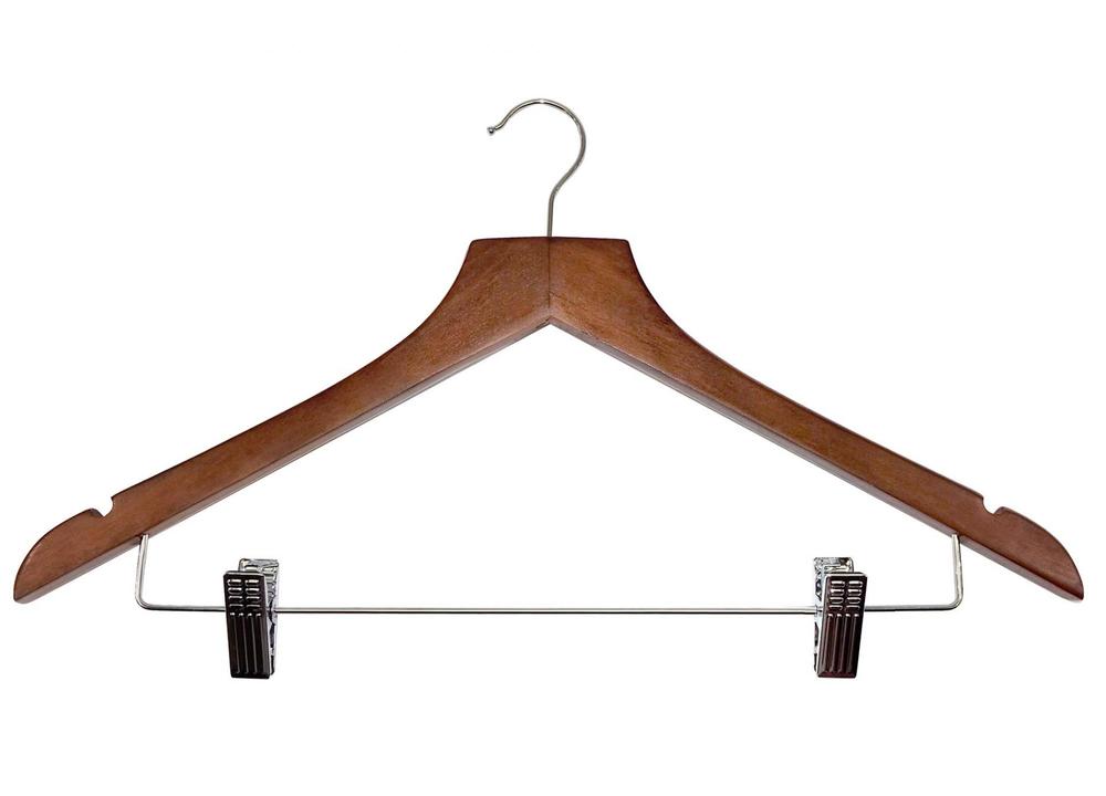 BASIC wooden hanger with metal clips and hook, dark wood