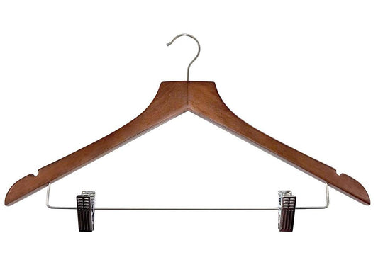 BASIC wooden hanger with metal clips and hook, dark wood