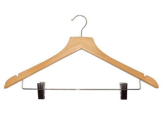 BASIC wooden hanger with metal clips and hook, light wood