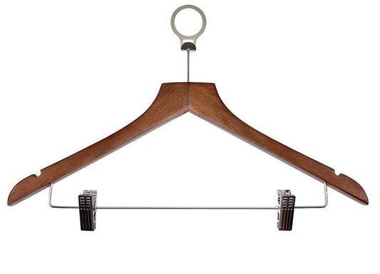 BASIC wooden hanger with metal clips and ring, dark wood