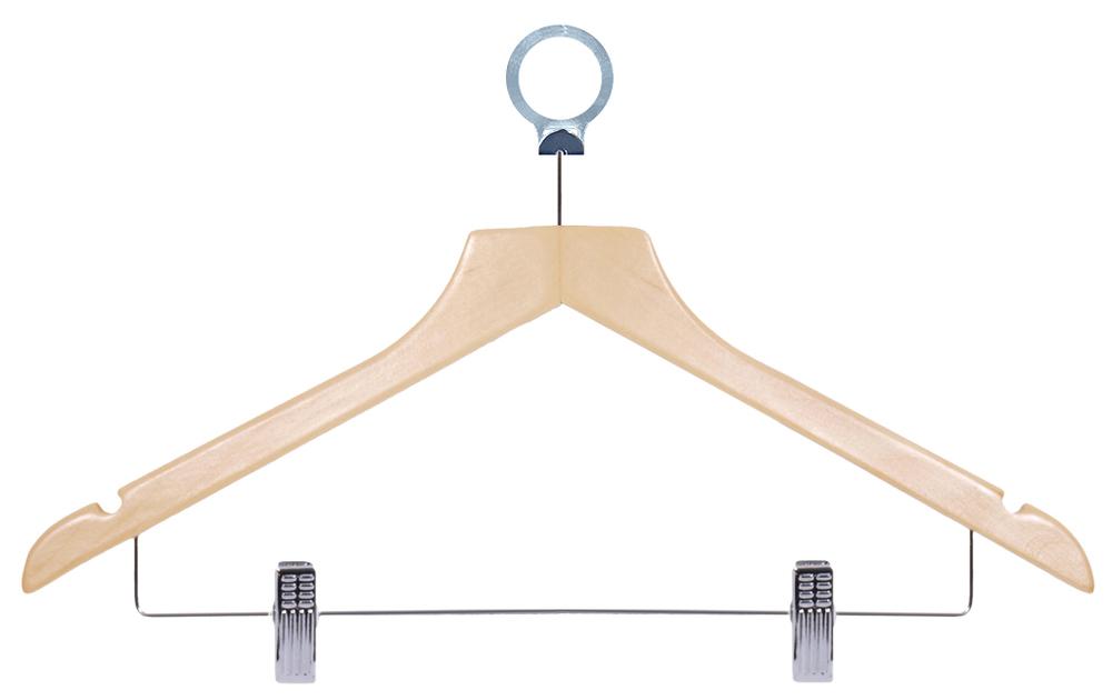 BASIC wooden hanger with metal clips and ring, light wood