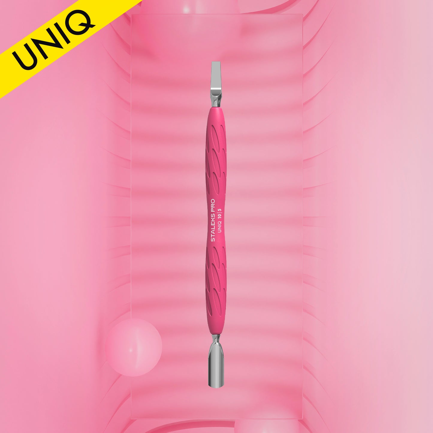 Manicure pusher Gummy with silicone handle UNIQ 10 TYPE 5 (rounded narrow pusher and straight blade) - STALEKS