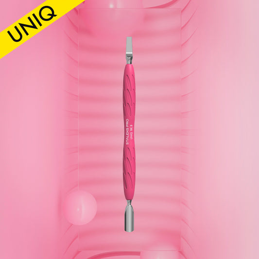 Manicure pusher Gummy with silicone handle UNIQ 10 TYPE 5 (rounded narrow pusher and straight blade) - STALEKS