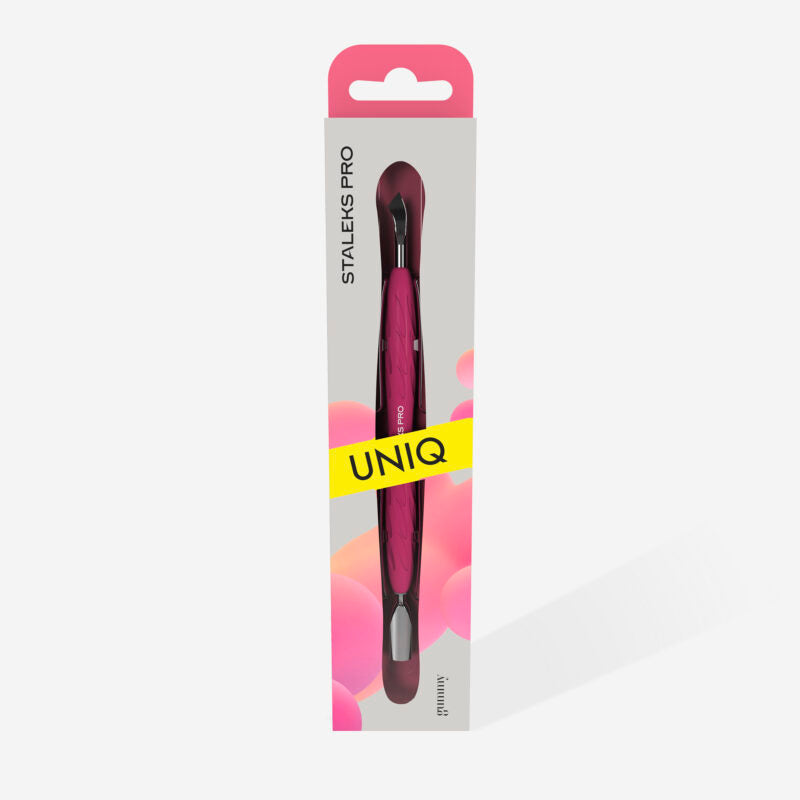 Manicure pusher Gummy with silicone handle UNIQ 10 TYPE 4.2 (rounded narrow pusher and bent blade) - STALEKS