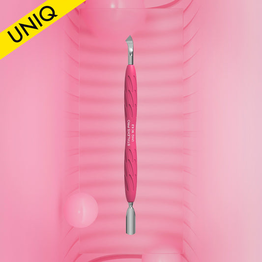 Manicure pusher Gummy with silicone handle UNIQ 10 TYPE 4.2 (rounded narrow pusher and bent blade) - STALEKS