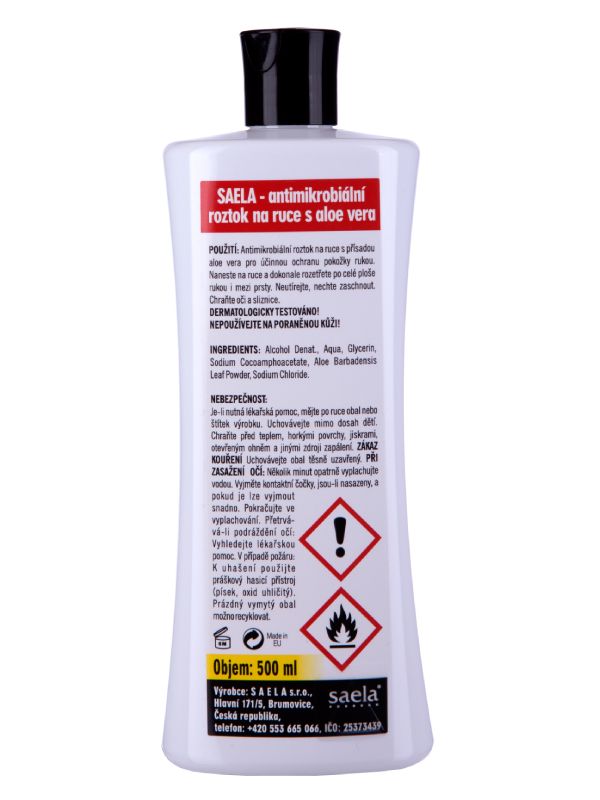 SAELA - antimikrobiální čisticí roztok na ruce s aloe vera - 500 ml