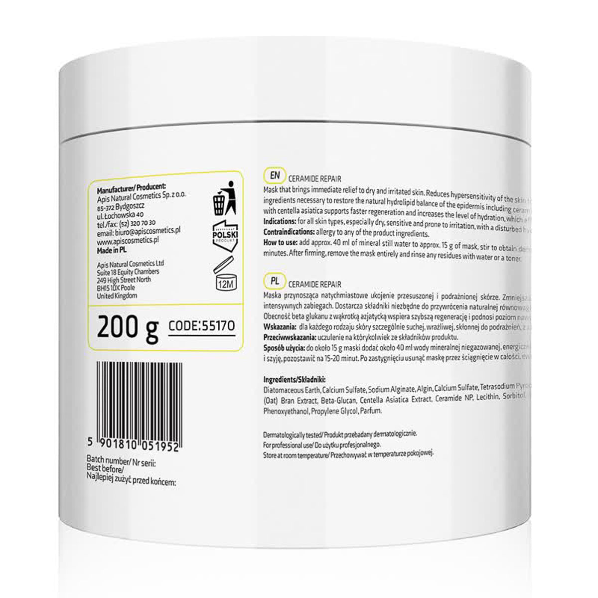 Apis CERAMIDE REPAIR Zklidňující maska ​​na řasy s ceramidy a beta glukanem 200 g