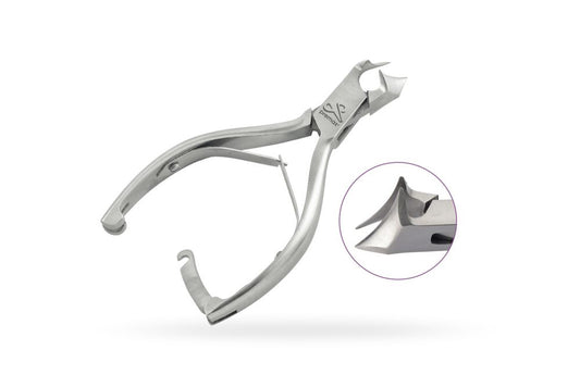 Front moon cut toenail nippers, recessed double spring and safety hook closure