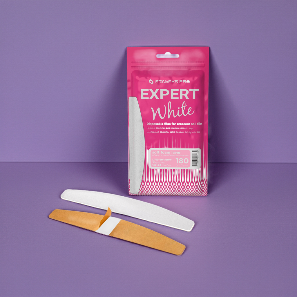 Jednorázové bílé pilníky na půlměsícový pilník na měkké pěnové vrstvě EXPERT 40 zrnitost 180 (30 ks) - STALEKS