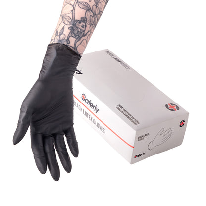 Schachtel mit 100 schwarzen Latexhandschuhen von Saferly - Karton mit 10 Schachteln